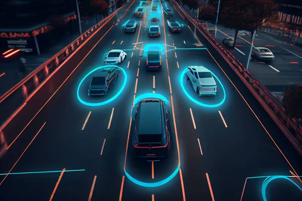 Autonomous car driving on road and sensing systems, driverless car, self-driving vehicle. Autonomous smart car scans the road operates the machine automatically stops at the crosswalk in the city. High quality illustration.