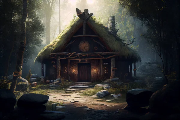 Old shaman\'s house in the forest, High quality illustration
