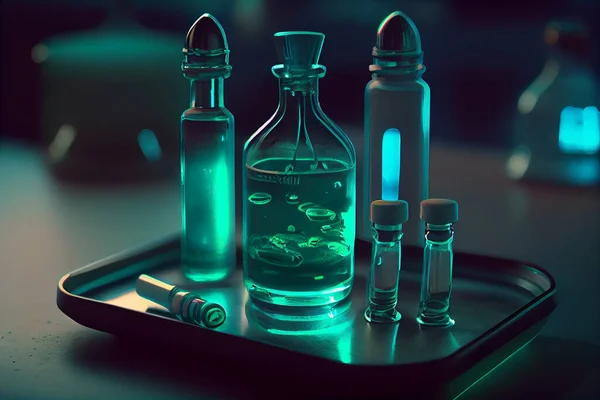 Medical glass bottles. scientific study texture, vivid conceptual medical illustration test tubes. High quality illustration.