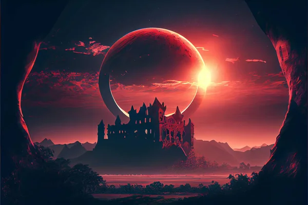 red sky and old castle with towers on the hills. Landscape of mountains and forest. nature and ancient architecture. scenery of castle of thorn with solar eclipse in dark red sky, digital art style