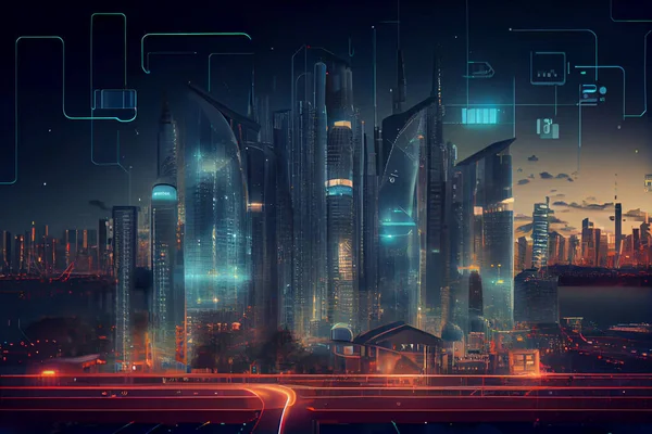 Smart city and digital transformation. Cityscape, telecommunication and communication network concept. Big data connection technology. De-focused background. High quality illustration