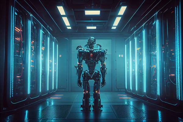 View of human-like white robot in hallway of server room among racks in data center working with hardware. High quality illustration