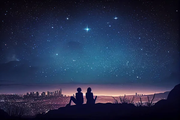 Couple looking at the starry sky. Romantic dating under night sky. High quality illustration