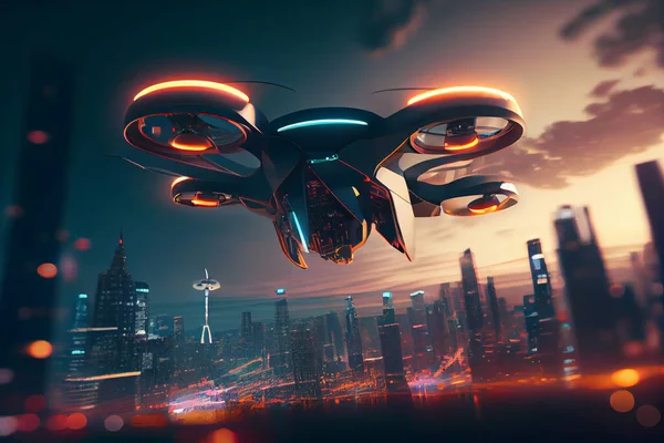 drone quadcopter with digital camera hovering over city. Futuristic cityscape aerial view. High quality illustration