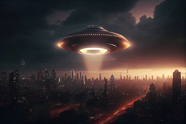 An alien saucer hovering over the city. UFO, alien invasion, unidentified flying object, visitors from space. The concept of space travel and extraterrestrial life. High quality illustration