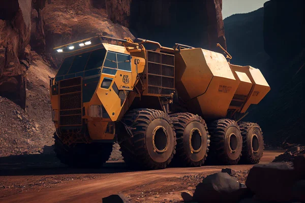 Large quarry dump truck. Big yellow mining truck at work site. Loading coal into body truck. Production useful minerals. Mining truck mining machinery to transport coal from open-pit production. High