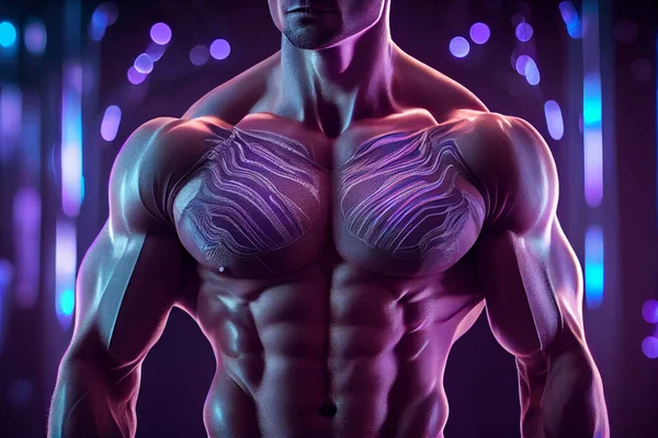 Muscular man torso bodybuilder is posing in the colorful neon light with naked muscular torso showing chest, abdominal muscles in neon studio light. High quality illustration