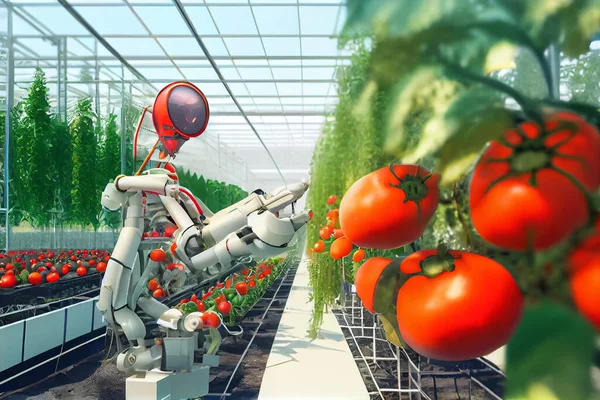 Smart robotic farmers in agriculture futuristic robot automation work harvest tomato. Robot working in greenhouse for agriculture automation. High quality illustration