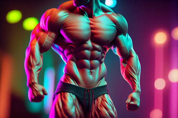 Muscular man torso bodybuilder is posing in the colorful neon light with naked muscular torso showing chest, abdominal muscles in neon studio light. High quality illustration