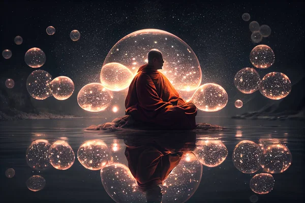 Buddhist monk meditating sitting in the water with spheres of light. Meditation energy. Dreams and visualisation. High quality illustration