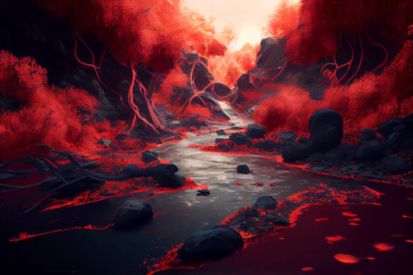 Red Toxic waste water pouting into the river in the forest. Water pollution with toxic waste chemicals. High quality illustration.