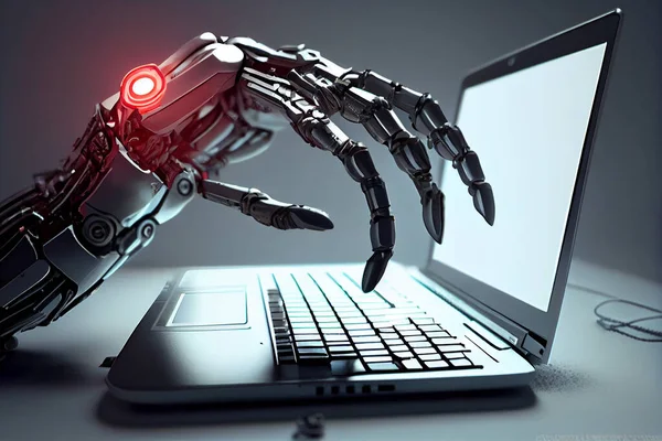 hand of a ai or KI robot is using the keyboard of an computer or laptop . High quality illustration