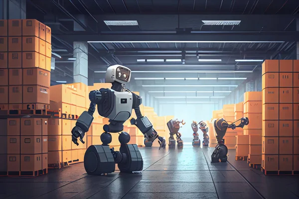 Innovative industry robot working in warehouse for human labor replacement . Concept of artificial intelligence for industrial revolution and automation manufacturing process. Stock warehouse automation. High quality illustration