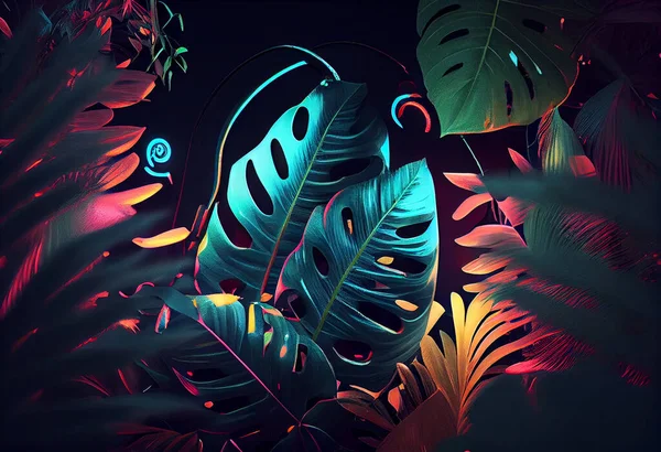 Tropical leaves with neon light. Foliage monstera in ultra violet light colour. High quality illustration
