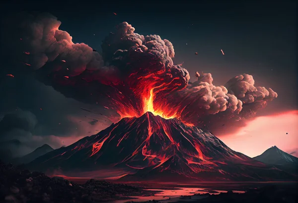 Lava flows down the volcano immediately after the eruption. Strong flame volcano eruption. High quality illustration