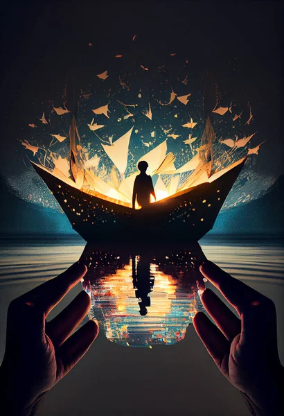 Hands holding paper boat with a person in boat. Dream and goal concept. Dream big, set goals, take action. High quality illustration.