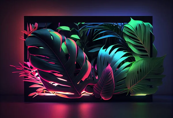 Tropical leaves with neon light in pandora box. High quality illustration