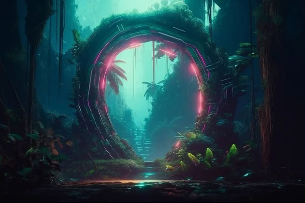 Round mystical pandora portal in jungle. Neon color futuristic portal in forest. Futuristic fantasy concept. High quality illustration.