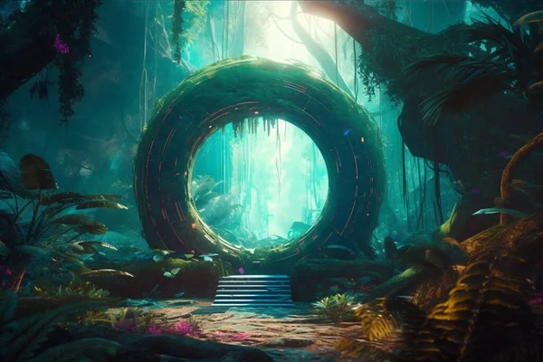 Mystical portal in jungle. Neon color futuristic portal in forest. Futuristic fantasy concept. High quality illustration.