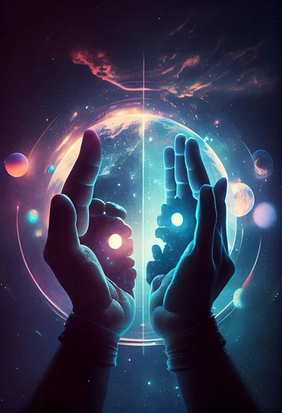 two hands holding two parts of planets with light and space background. Hands combining two parts of puzzle planet into one. High quality illustration.