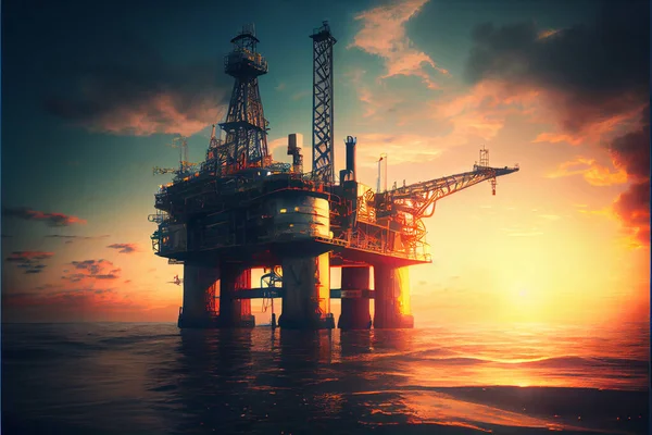 Petroleum platform oil rig and gas at sea. Illustration of oil platform on sea and sunset in background. High quality illustration