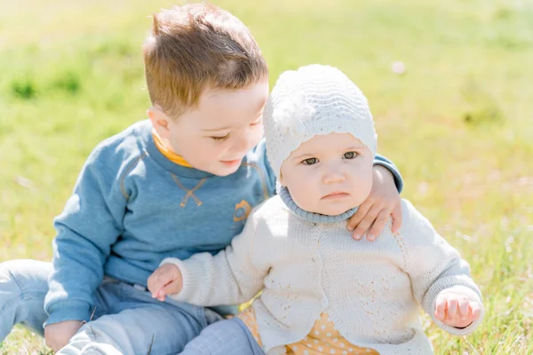 A boy of three years old hugs his displeased little sister, children sit on the grass