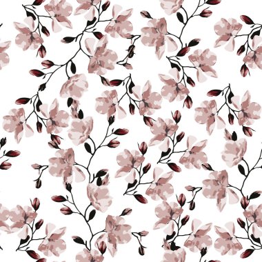 Modern çiçekli vektör kusursuz desen. Arka plan izole edildi. Dijital çizim çizimi. Tekstil kumaşı veya duvar kağıdı, kart, davetiye, dekoratif kağıt olarak kullanılabilir
