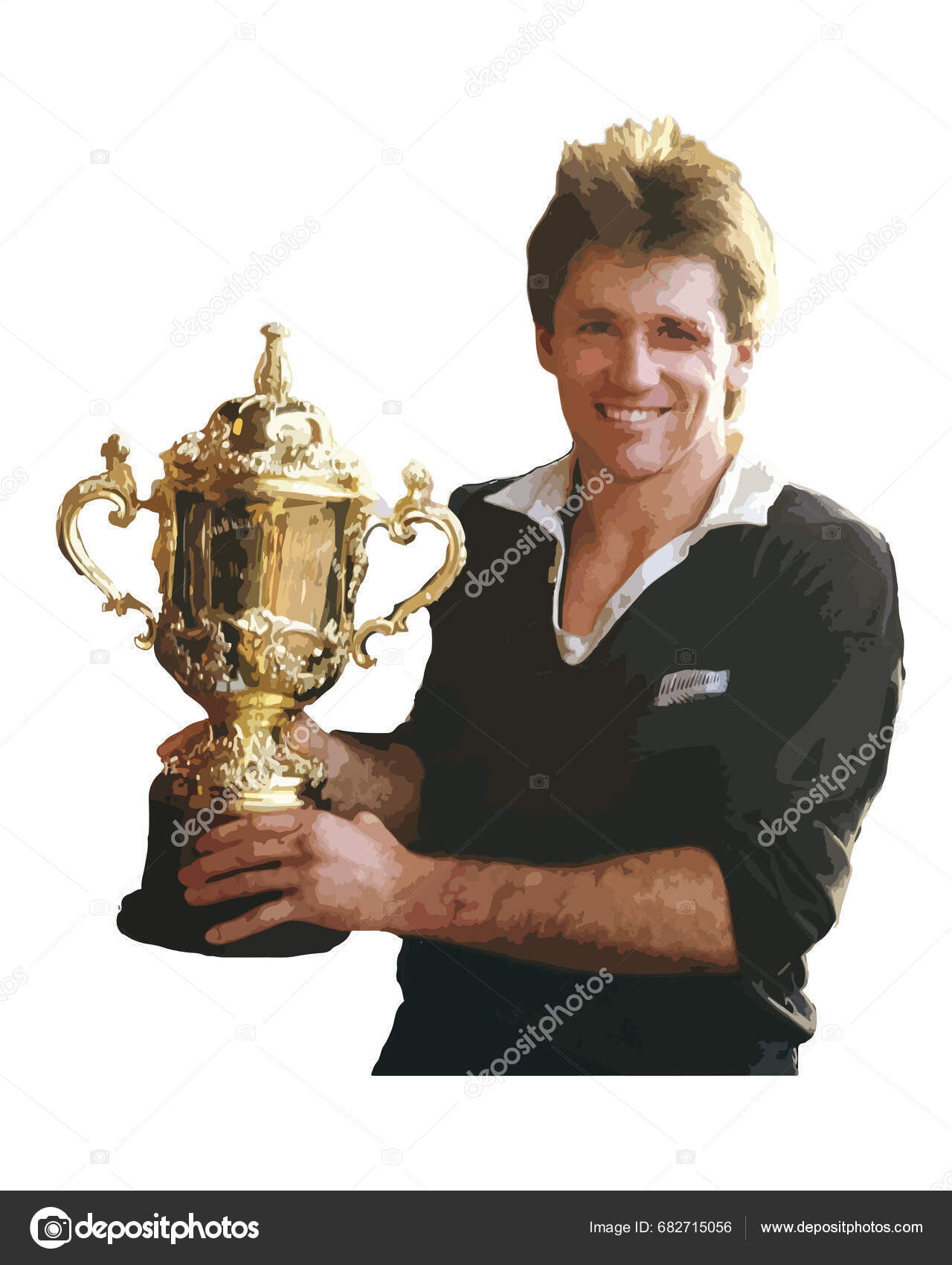New Zealand 1987 Rugby World Cup Winner Celebrating Rugby Trophy Stock