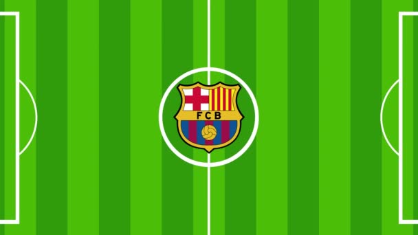 Barcelona Logo Spansk Professionell Fotbollsklubb Med Green Field — Stockvideo