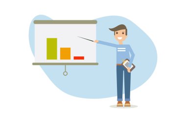 Bir grafiği işaret eden bir İşaretçiyle kurulun yanında duran genç adam. İş Bilgileri Ofisi Müdürü. Çizgi film Biçiminde Vektör İllüstrasyonu