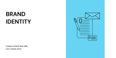 Beyaz ve Mavi Arkaplanda Marka Afişi. Siyah Metin ve İş ve Pazarlama Simgeleriyle Markalaştırma Bayrağı