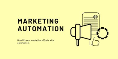 Sarı Arkaplanda Pazarlama Otomasyon Afişi. Siyah Metin ve İş ve Pazarlama Simgeleriyle Şık Pazarlama SancağıName