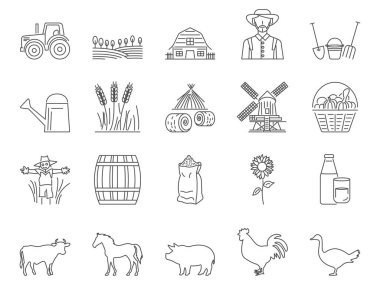 Çiftlik Simgeleri Ayarlandı. Çiftçi, sığır, hasat. Düzenlenebilir Vuruş. Basit Simge Vektör Koleksiyonu