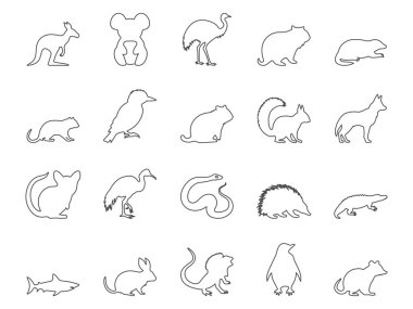 Avustralya Simgelerinin Hayvanları. Kanguru, Koala, Emu. Düzenlenebilir Vuruş. Basit Simge Vektör Koleksiyonu