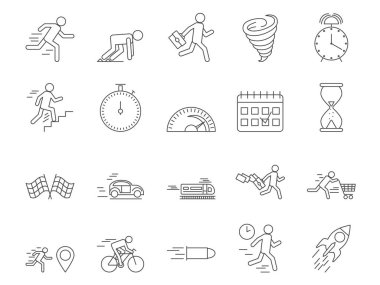 Aceleci Simgeler Ayarında Olmak. Çabuk, çabuk, geç. Düzenlenebilir Vuruş. Basit Simge Vektör Koleksiyonu