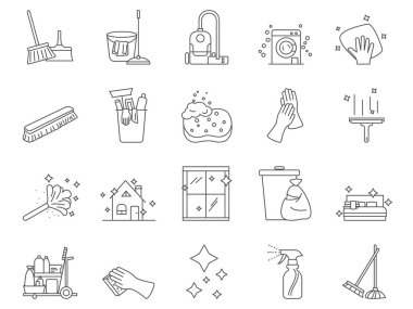 House Cleaning Icons Set. Broom, Dustpan, Vacuum cleaner. Editable Stroke. Simple Icons Vector Collection clipart