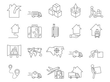 Taşıma ve Yerleştirme Simgeleri Ayarlandı. Taşınma Evi, Bavul, Uçak. Düzenlenebilir Vuruş. Basit Simge Vektör Koleksiyonu