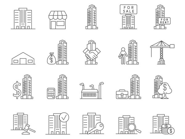 Коммерческие Иконы Недвижимости. Офис, здание, собственность. Редактируемый удар. Вектор простых иконок