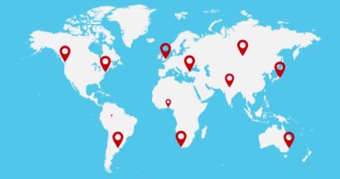 4K Video 'da Dünya Harita Animasyonu. Beyaz ve Mavi Dünya Haritasında Kırmızı Harita İğneleri