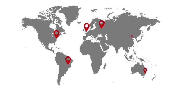 Världskarta Animation Video Röda Kartnålar Grå Världskarta — Stockvideo