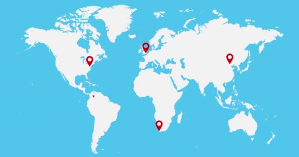 World Map Animation Video Inglés Pines Mapa Rojo Mapa Del — Vídeos de Stock