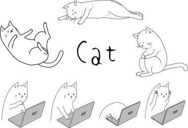 Şirin kedi çizimi seti. Tek renk, çizgi çizimi.