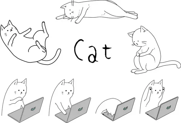 Cute Cat Illustration Set Monochrome Line Drawing — Stockvector