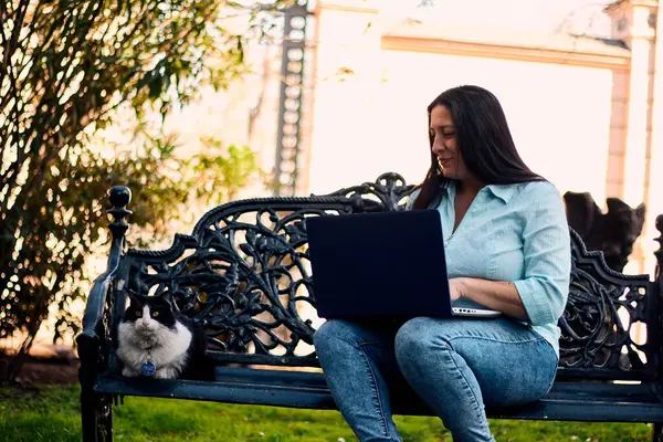 Evinden uzakta, arka bahçesinde dizüstü bilgisayarıyla, kedisinin yanında çalışan güzel bir Latin yönetici ona dokunuyor, neşe, şefkat. Teleçalışma, pazarlama.