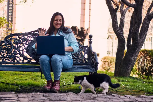 Evinden uzakta, arka bahçesinde dizüstü bilgisayarıyla, kedisinin yanında çalışan güzel bir Latin yönetici ona dokunuyor, neşe, şefkat. Teleçalışma, pazarlama.