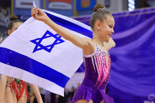 Pequena Menina Judaica Patriota Desfrutando Com Bandeira Israel Férias Patrióticas — Fotografia de Stock