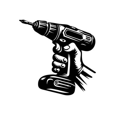 Elektrikli matkap silueti. Beyaz arkaplanda vektör monokrom çizimi.