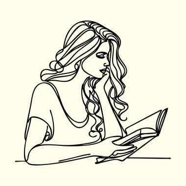 Kitabın ana hatlarını aç. Kız bir kitap okuyor. Bir çizgi vektör çizimi.