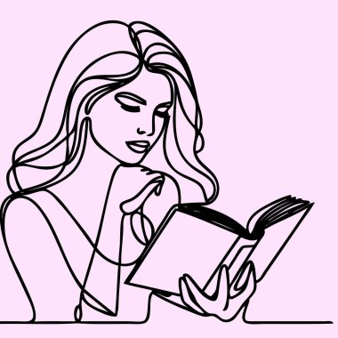 Devamlı kitap satırı. Kitap okuyan güzel bir kız. Vektör çizimi.