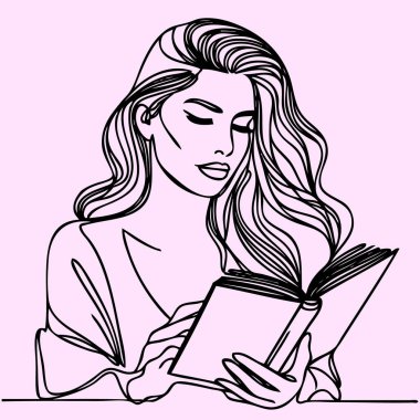 Devamlı kitap satırı. Kitap okuyan güzel bir kız. Vektör çizimi.